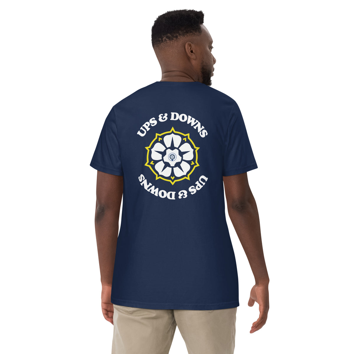 Blue heavyweight T-shirt with large back graphic logo and text