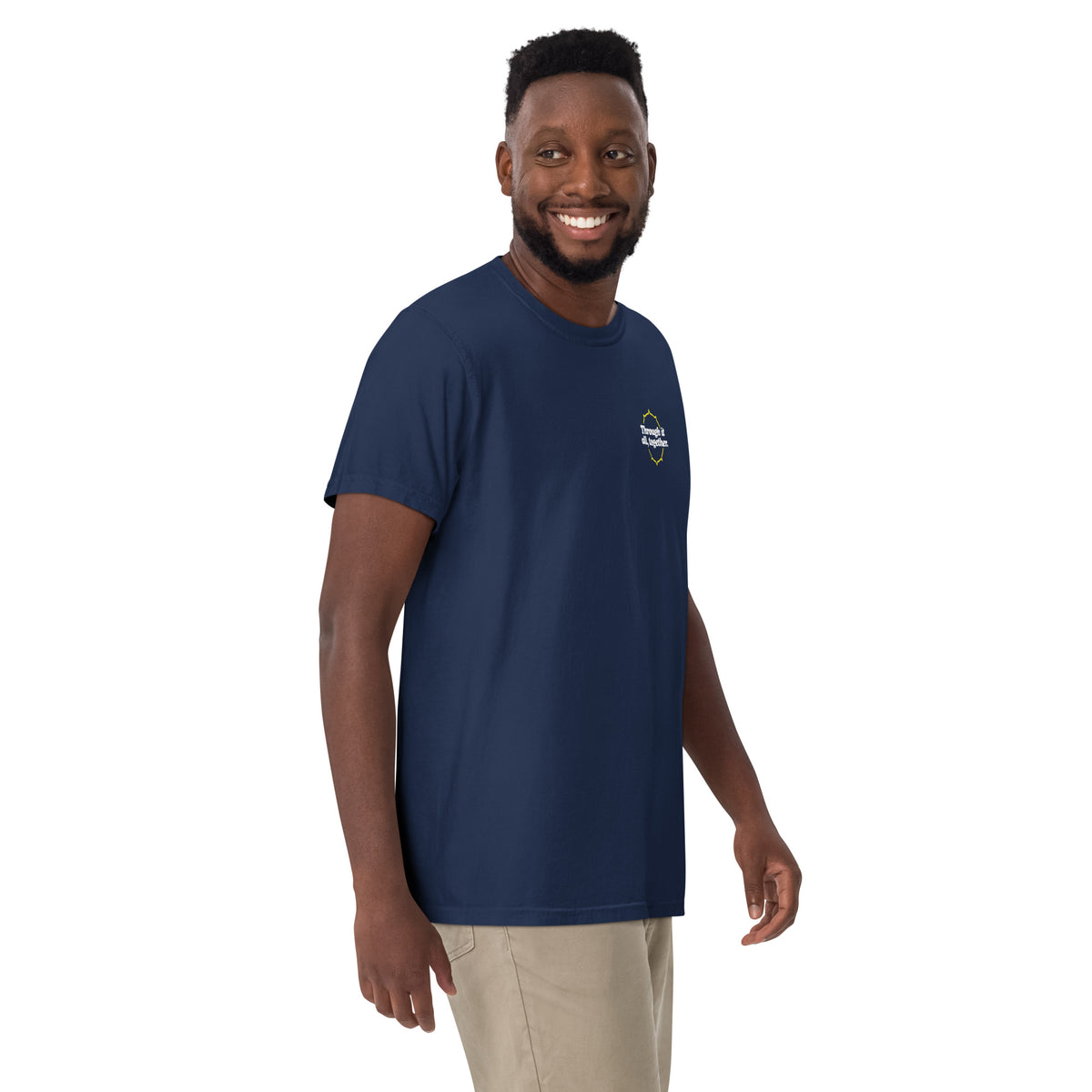 Blue heavyweight T-shirt on model, small chest logo