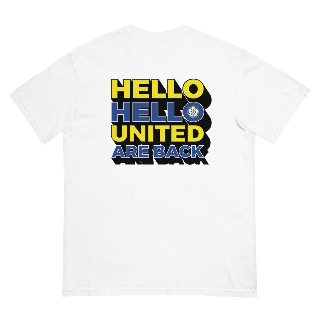 White heavyweight T-shirt with large back “HELLO HELLO UNITED ARE BACK” graphic