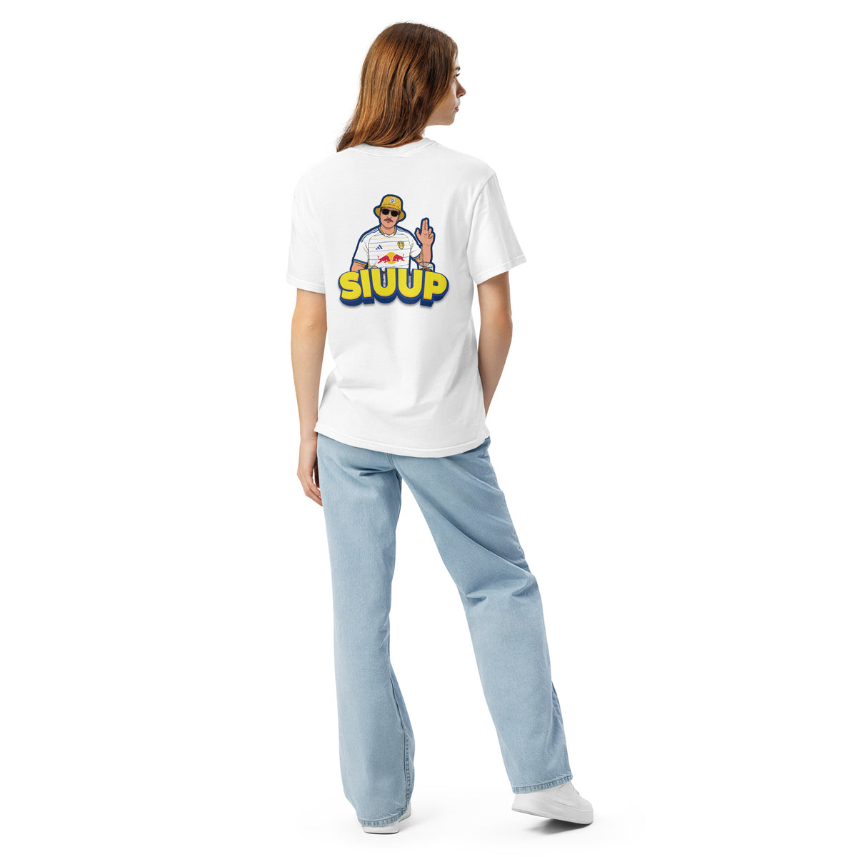 White heavyweight T-shirt with large back SIUUP character graphic