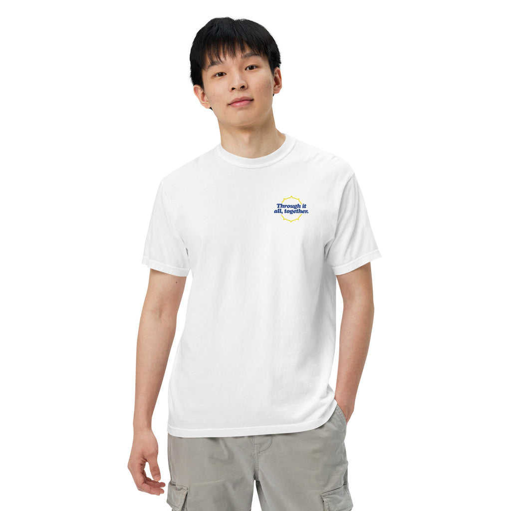 Heavyweight T-shirt in white with small blue front logo, front view