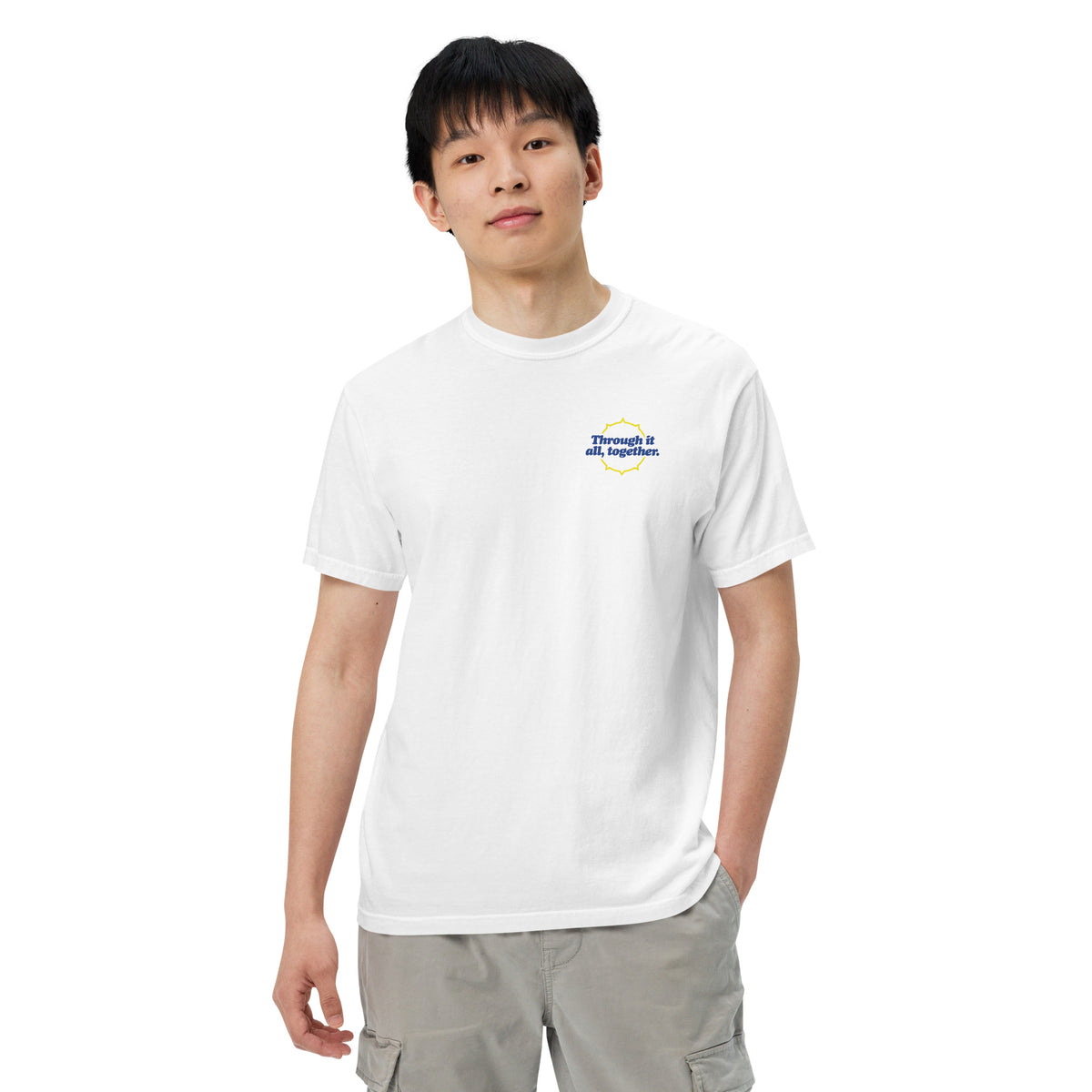 Heavyweight T-shirt in white with small blue front logo, front view