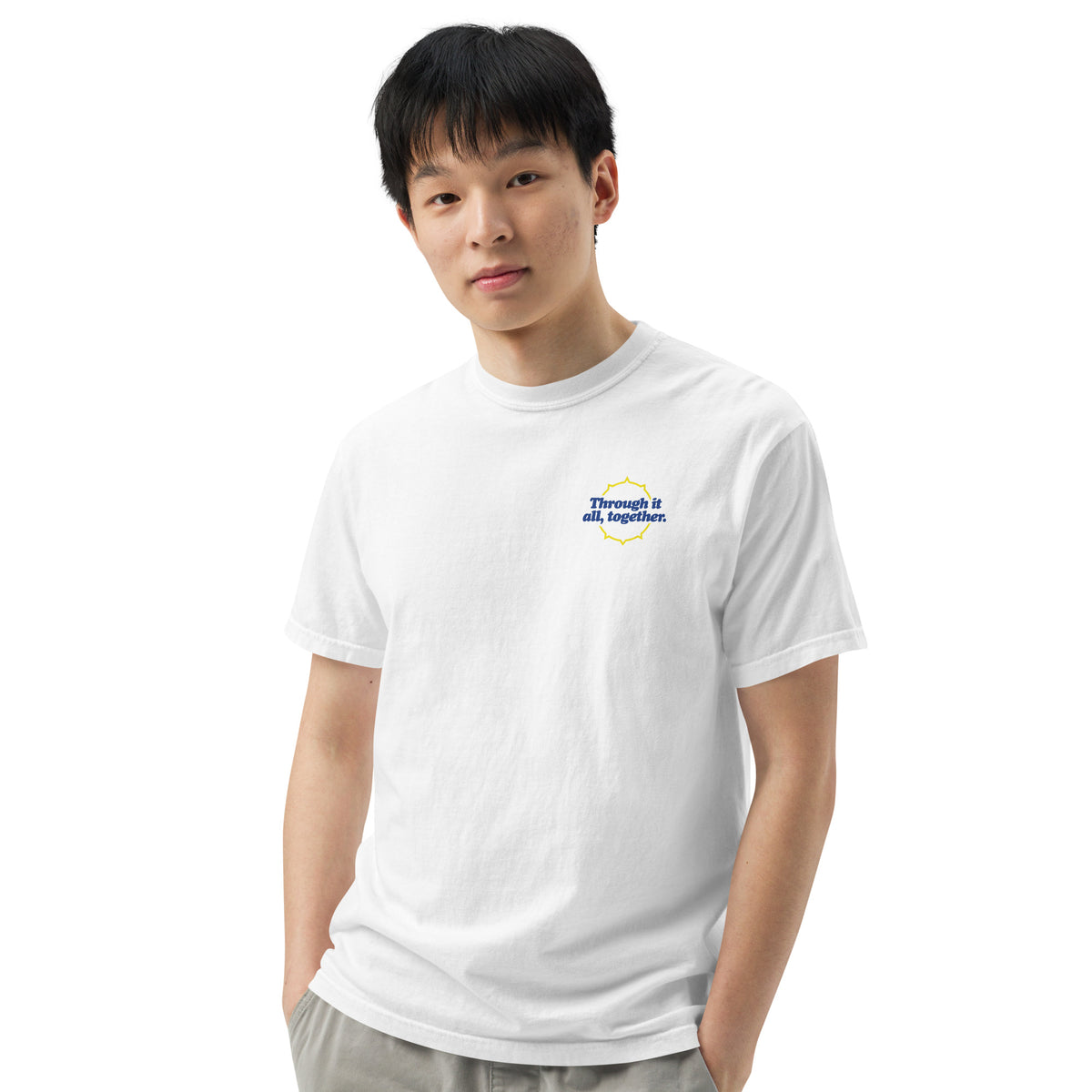 Heavyweight T-shirt in white with small blue front logo, close front view