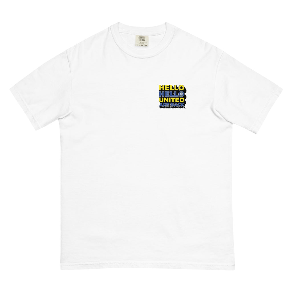 White heavyweight T-shirt with small multicolor chest graphic