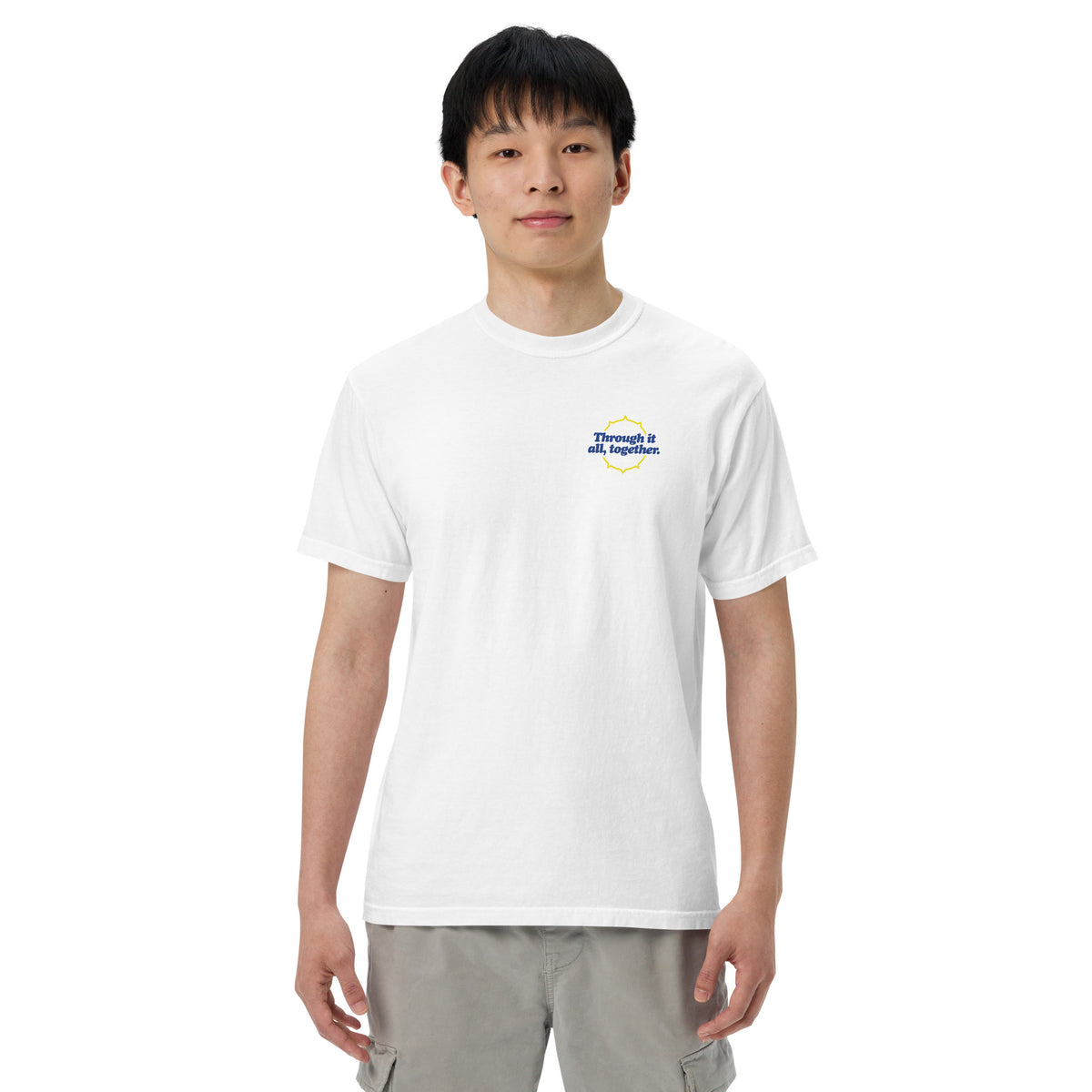 Heavyweight T-shirt in white with small blue front logo, front view