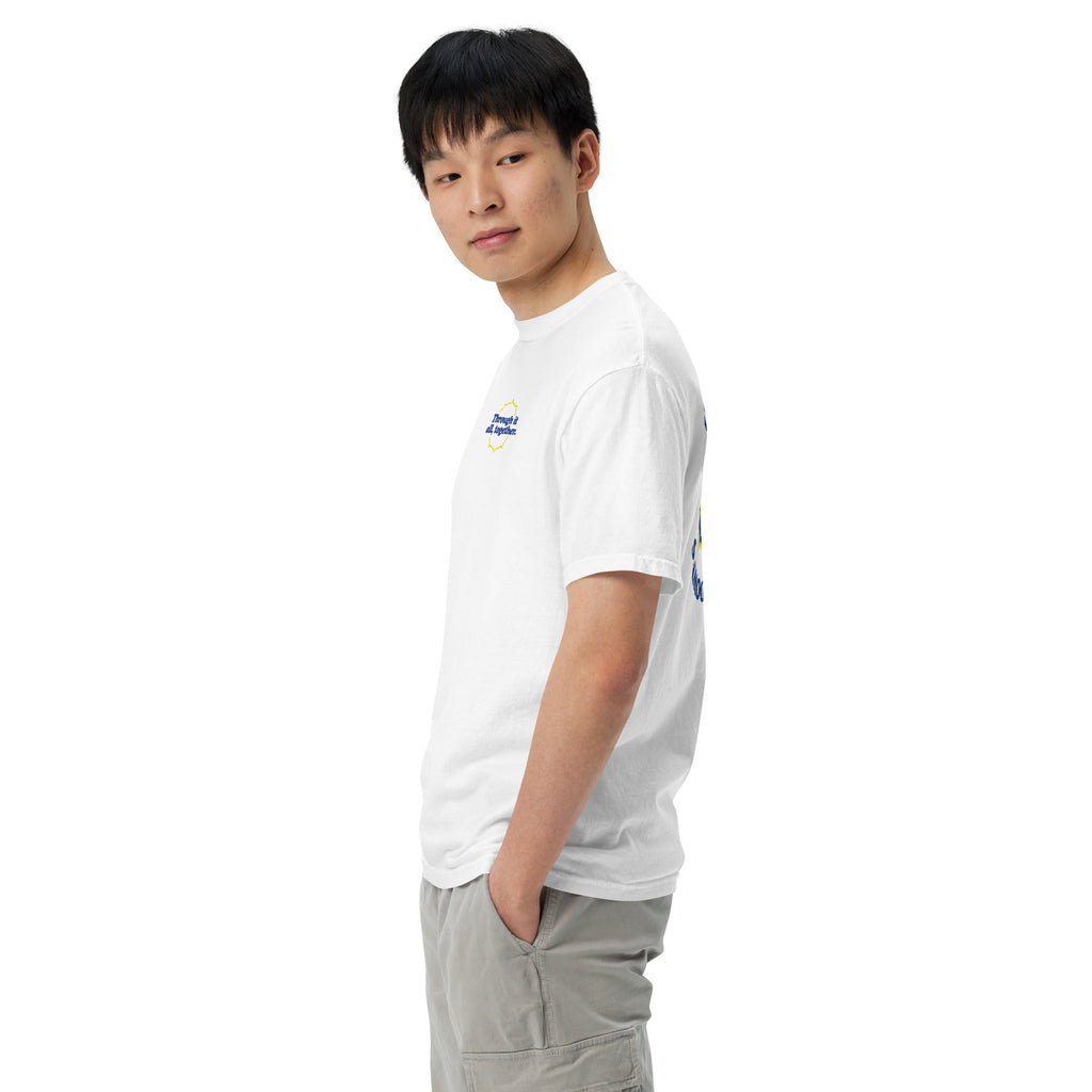 Heavyweight T-shirt in white with small chest graphic, side view