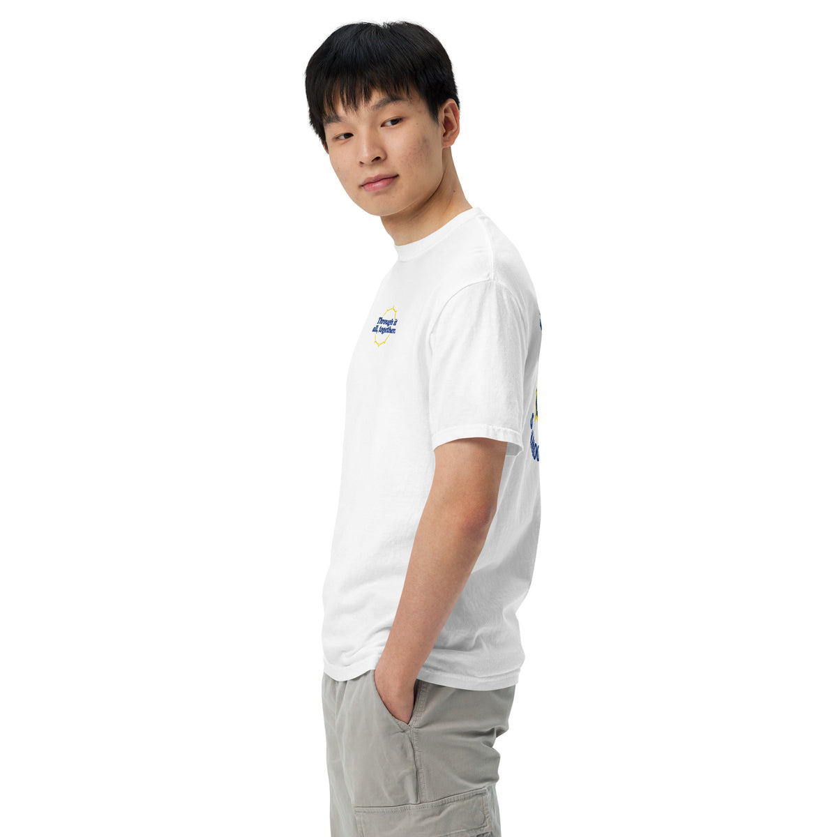 Heavyweight T-shirt in white with small chest graphic, side view