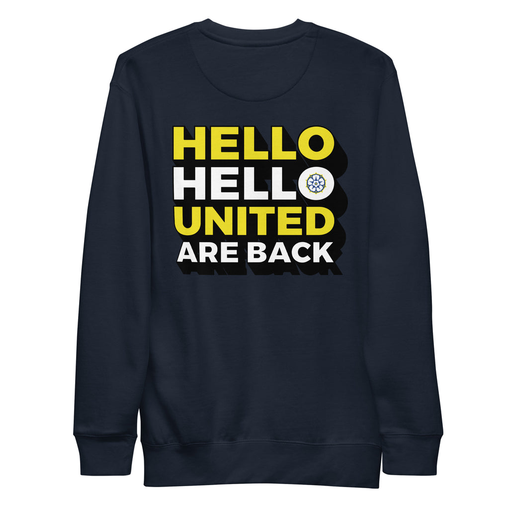 Navy premium sweatshirt with large 'HELLO UNITED ARE BACK' logo graphic