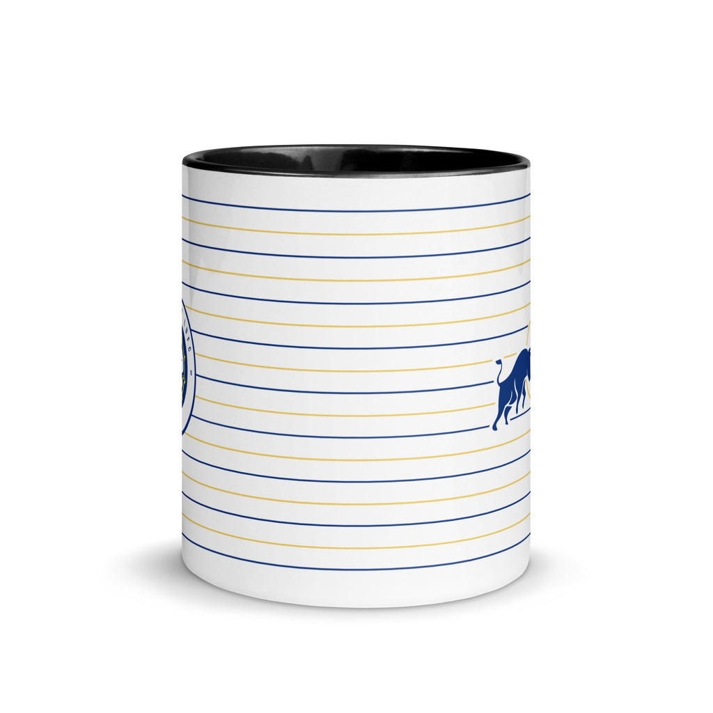 Leeds United home kit mug with white body, black rim, yellow/blue stripes