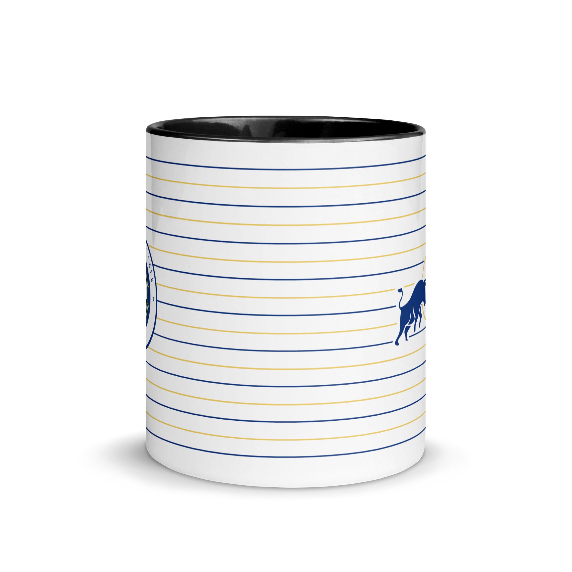 Leeds United home kit mug with white body, black rim, yellow/blue stripes