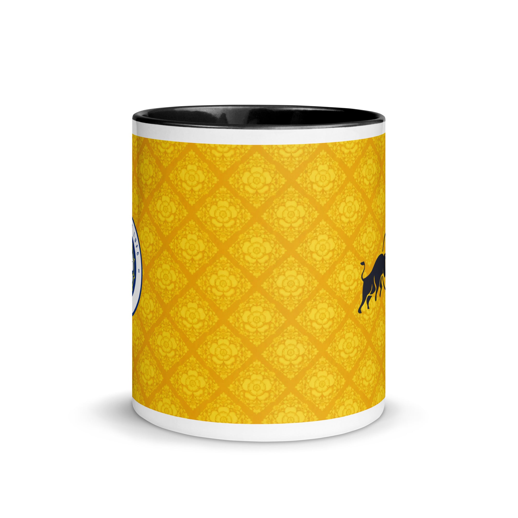 Leeds United away kit mug with yellow pattern, black handle, partial bull graphic