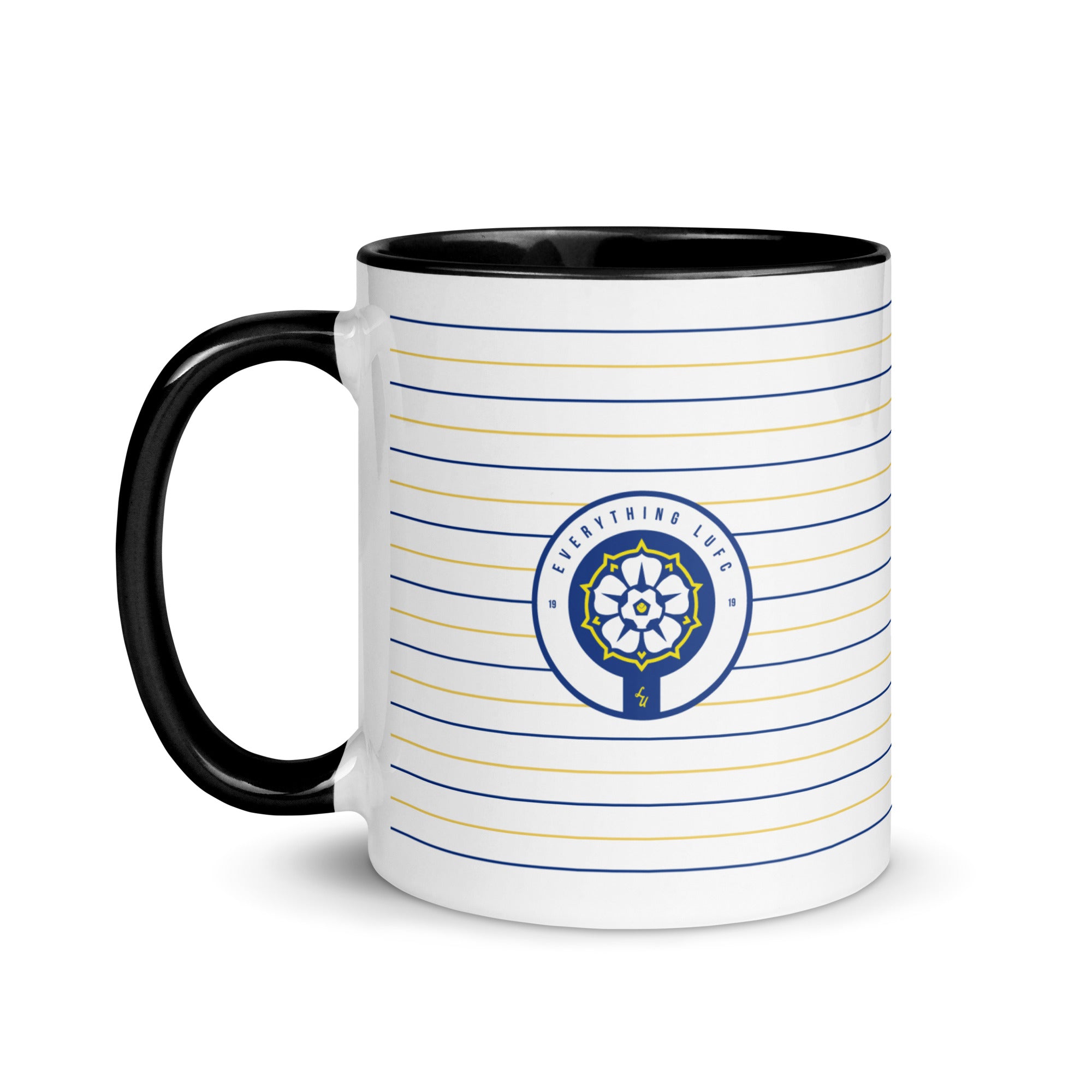 Leeds United home kit mug with black rim and circular club crest on side