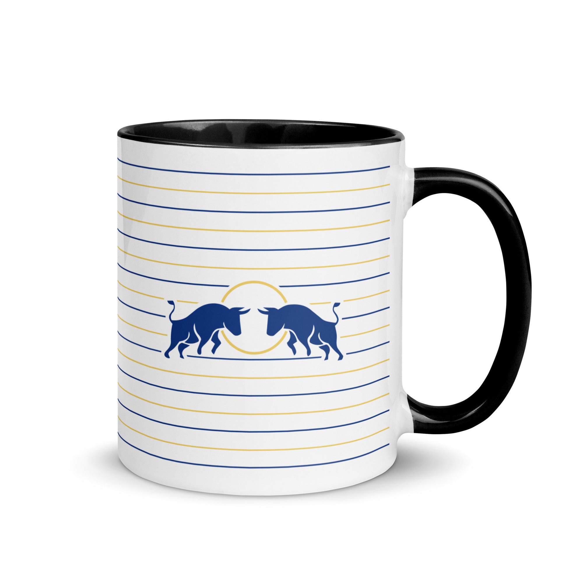 Leeds United home kit mug with black rim, striped design and blue stag graphic